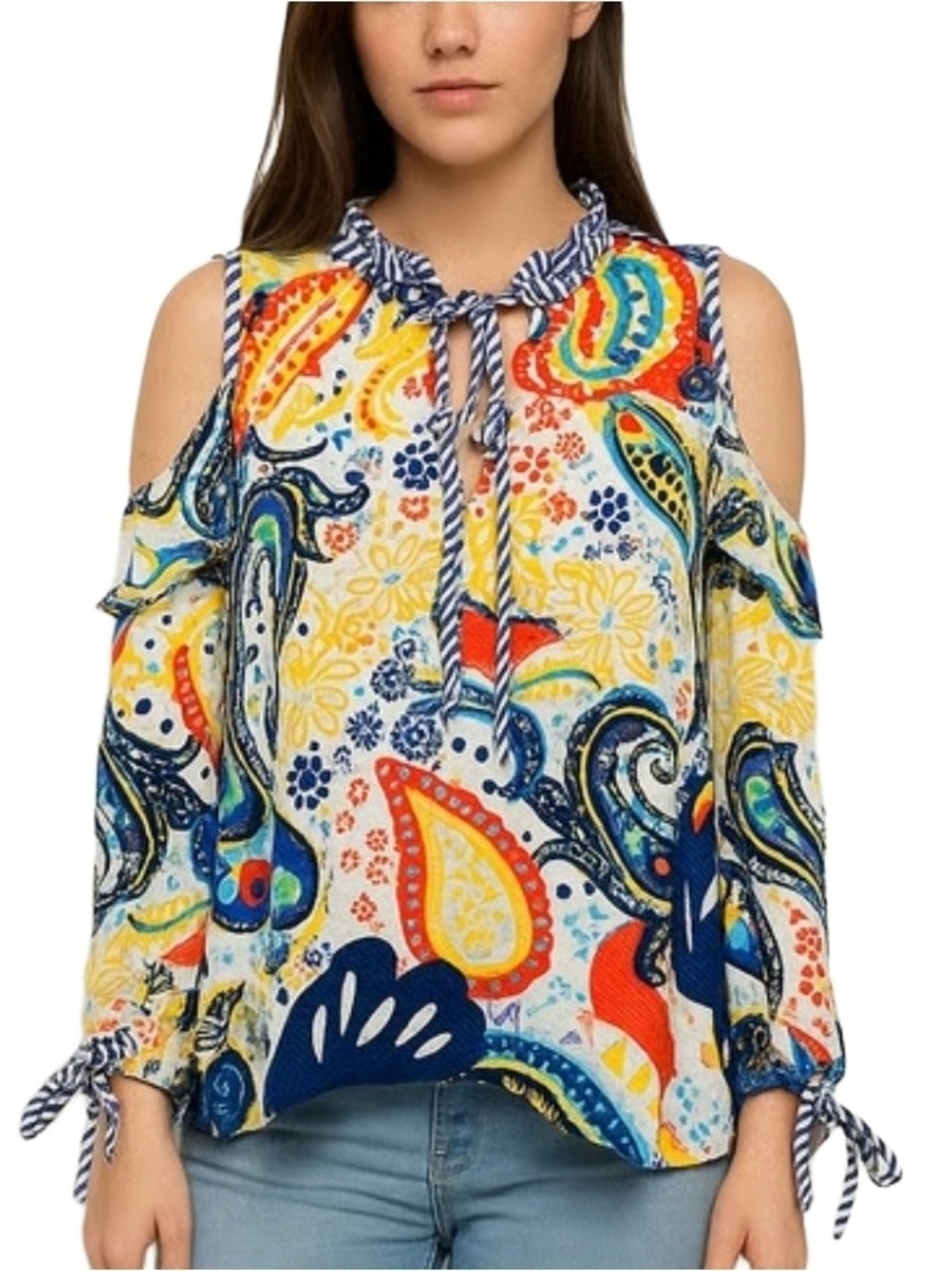 Melissa Paige Colorful Paisley Cold Shoulder Tie-Neck Top Size L